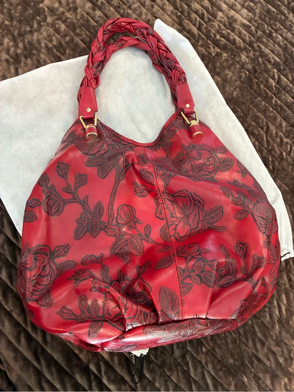 CUOIERIA FIORENTINA Red Floral Embossed Braided-Handle Hobo leather Bag. - Picture 2 of 13